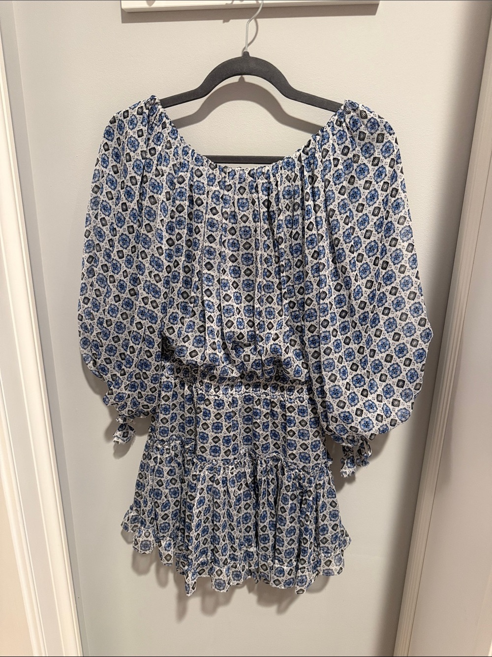 Misa Los Angeles Blue and White Printed Off-Shoulder Tunic